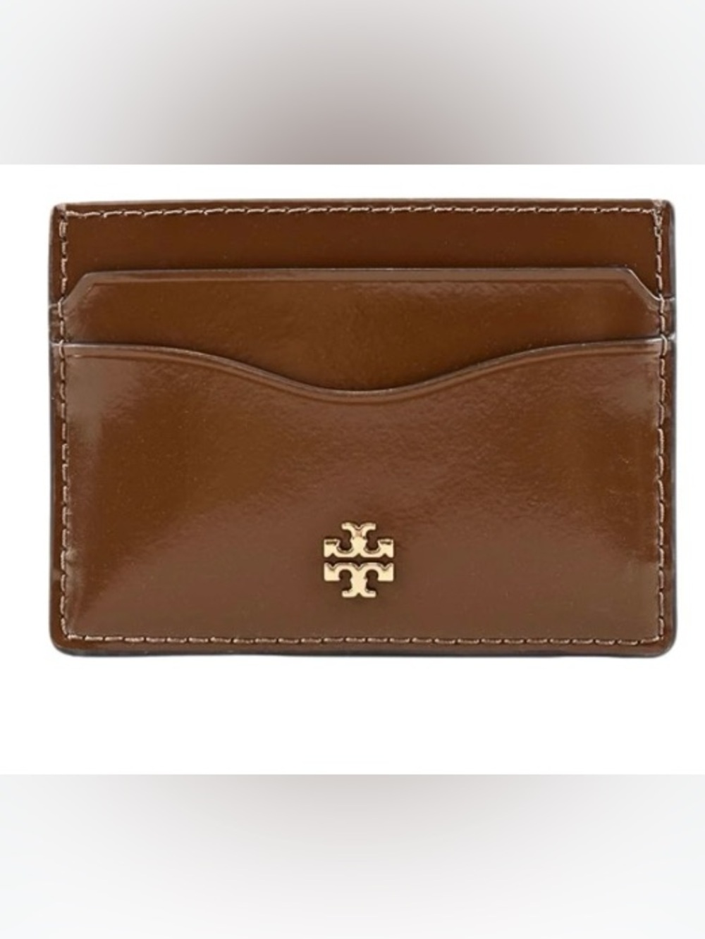Tory Burch Rich Walnut Leather Card Case with Gold Logo